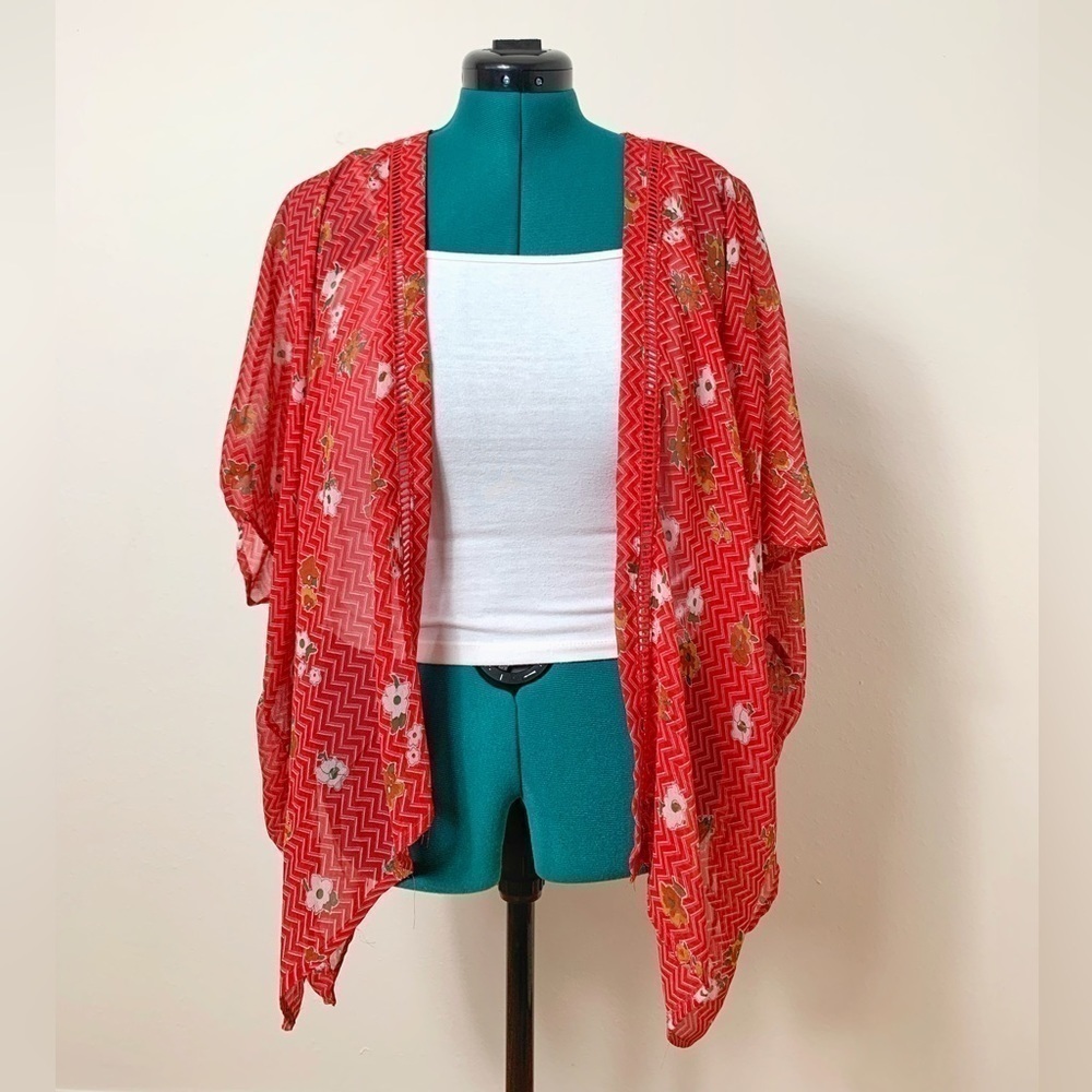 Red Floral One Size Women’s Short Red Kimono festival bohemian western rodeo